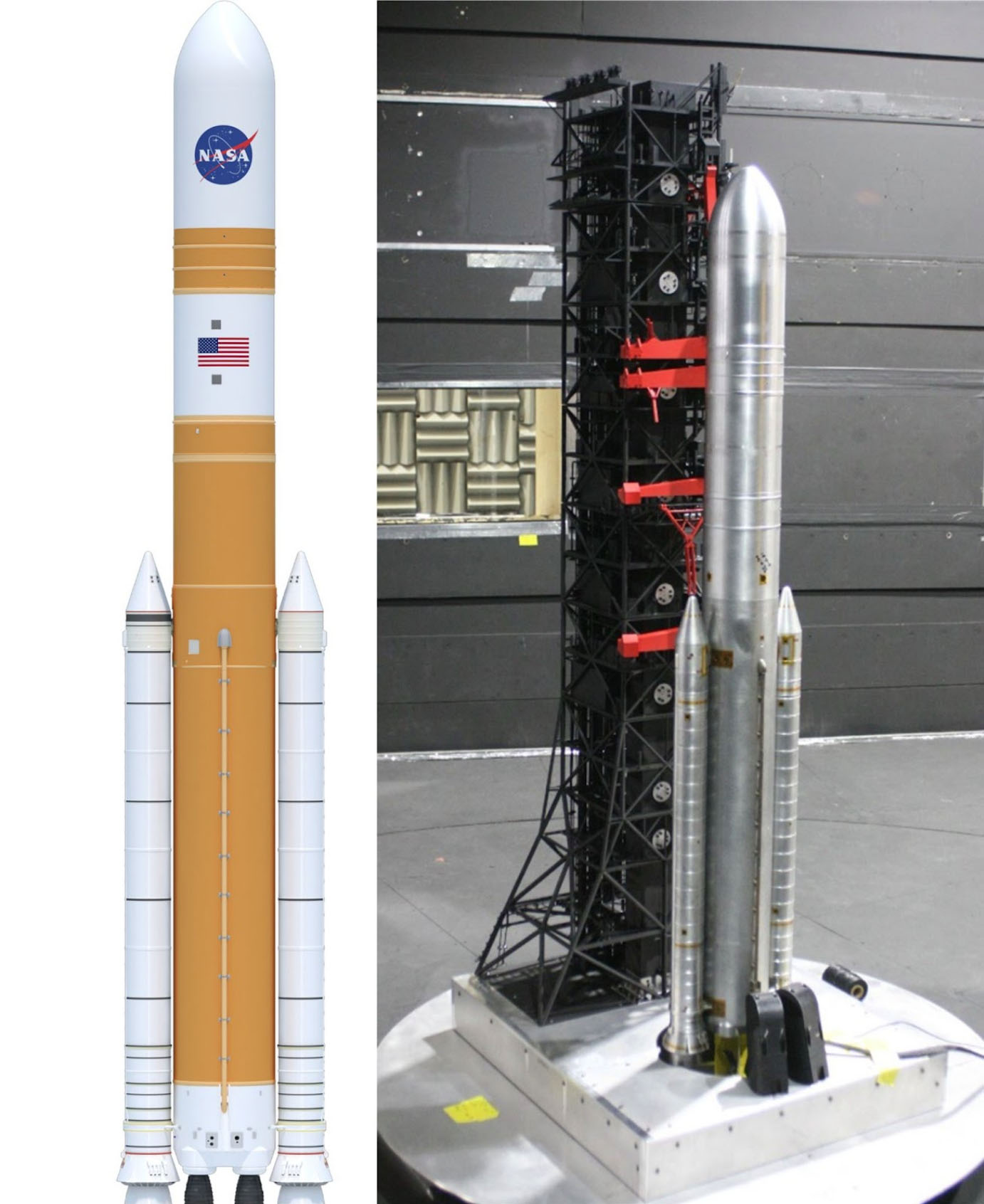 NASA’s Space Launch System in Cargo configuration and the launch condition being tested in the NASA-Langley 14’x22’ wind tunnel.